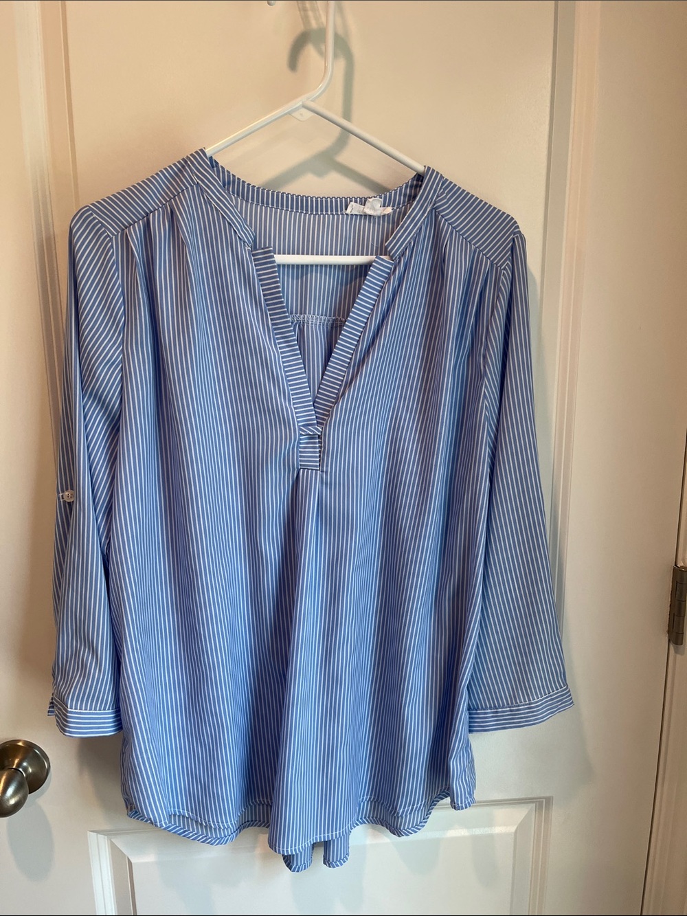 Light Blue & White Striped V-Neck Blouse